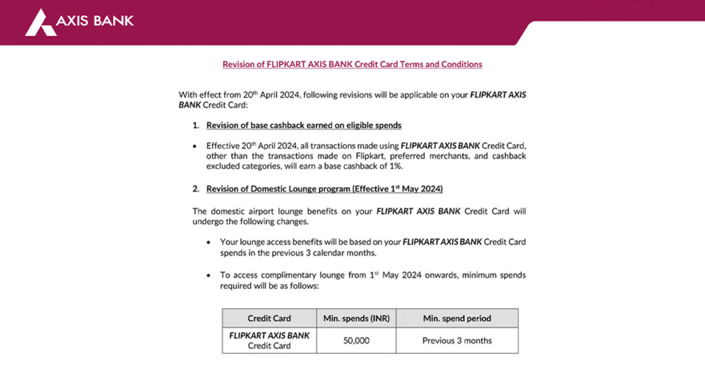 Revision of AXIS BANK FLIPKART Credit Card Terms and Conditions