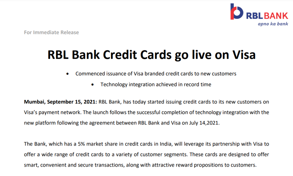 RBL Bank Visa Credit Cards