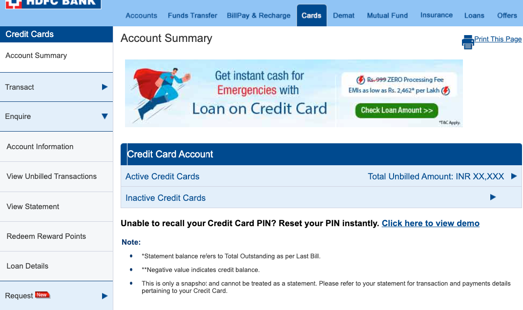 HDFC Credit Cards Net Banking Enquires