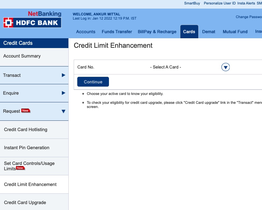 HDFC Credit Limit Enhancement via Internet Banking