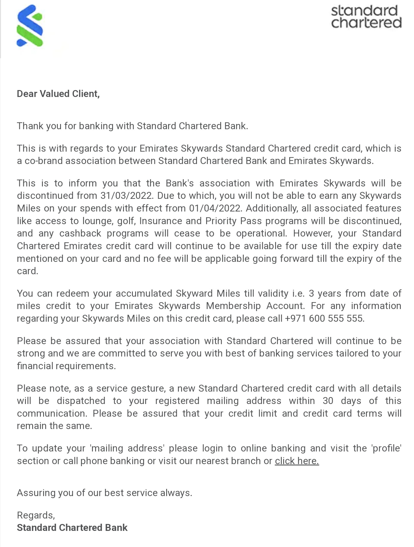 Emirates Skywards Standard Chartered Credit Card Discontinued