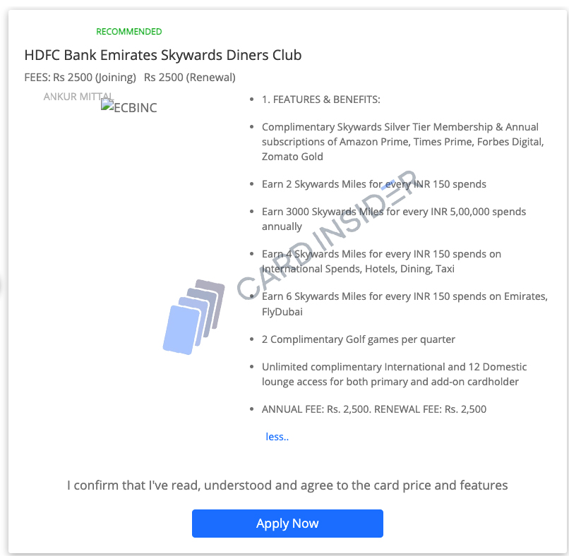 HDFC Bank Emirates Skywards Diners Club Credit Card Launched