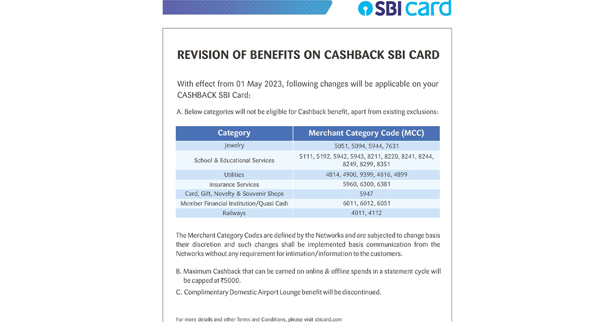 SBI Bank Revises Cashback Benefits on the SBI Cashback Credit Card post