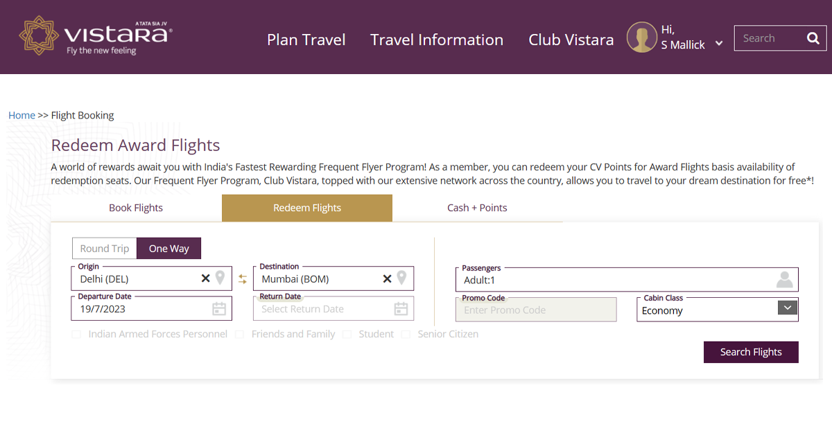 Flights and choose the Redeem CV Points option