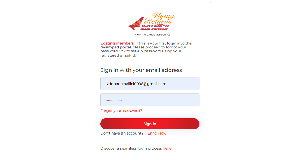 website of Air India