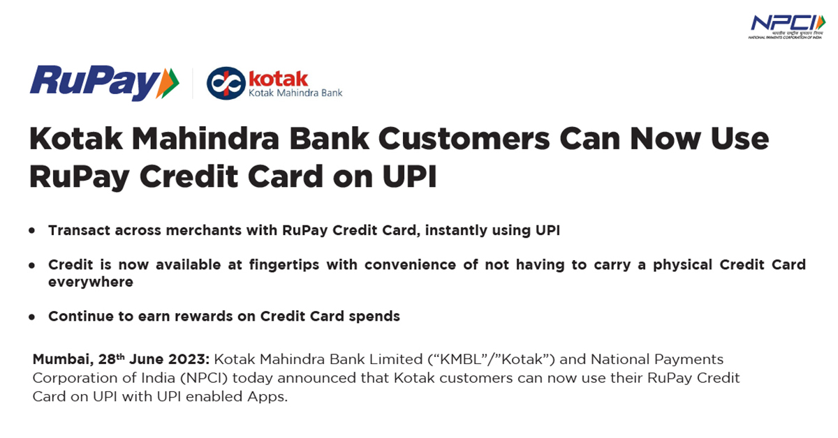 Kotak Mahindra Bank Users Can Now Use RuPay Credit Card for UPI Payments Post
