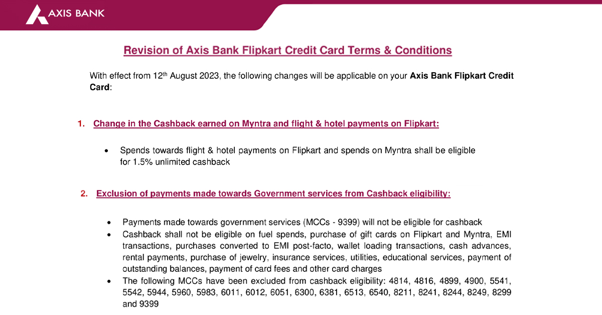 Axis Bank Revises Cashback - other Terms on Axis Flipkart Credit Card - Post