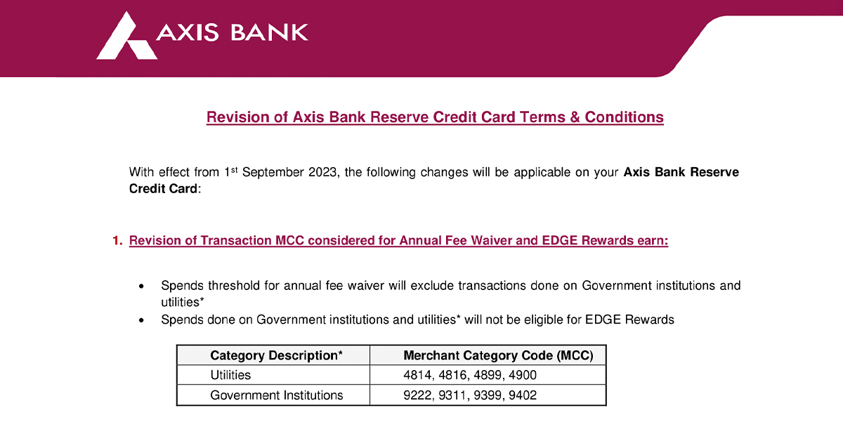 Revison of Axis Bank Magnus and Reserve Credit Cards Terms and Conditions - Post