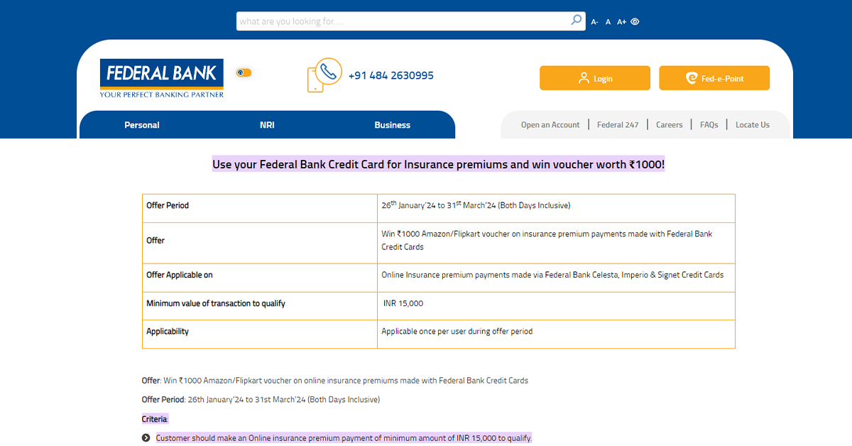 Federal Bank Credit Card Insurance Payments