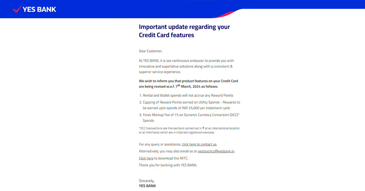 Reward Points Updates for Yes Bank Credit Cards