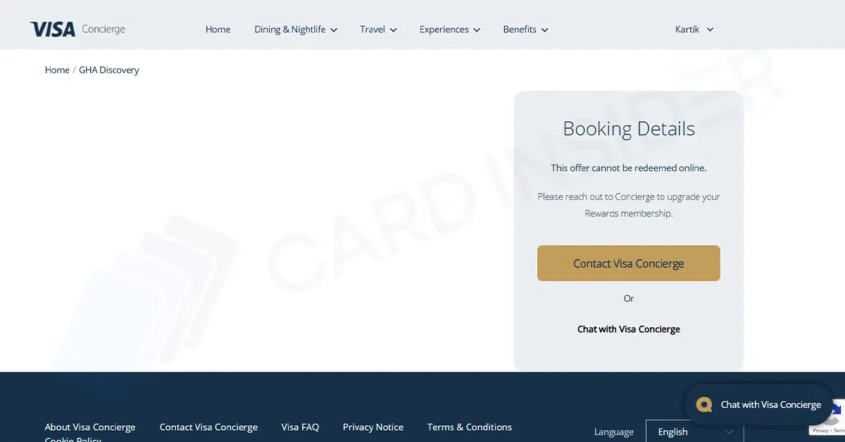 Complimentary Elite GHA Discovery Tier With Visa Credit Cards GHA Discovery Booking Details