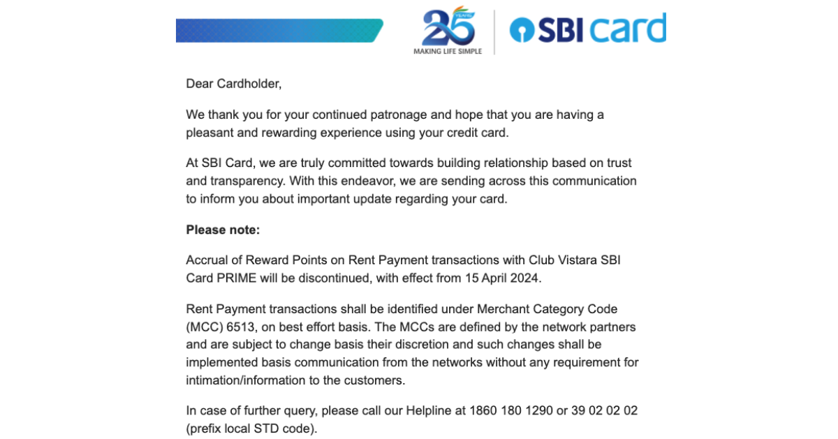 SBI Credit Cards Update