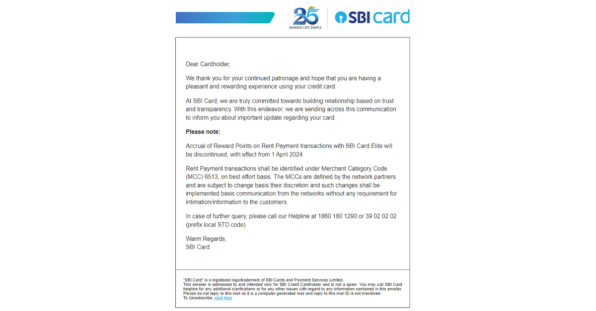SBI Credit Cards Rental Payments Update