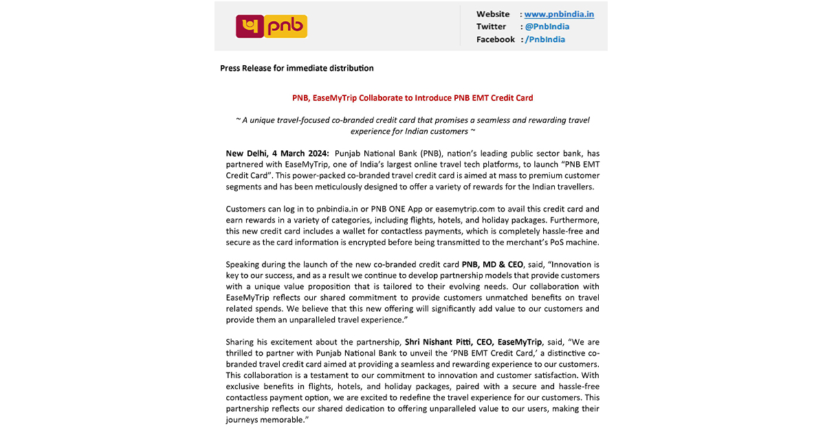 PNB EMT Credit Card Press Release
