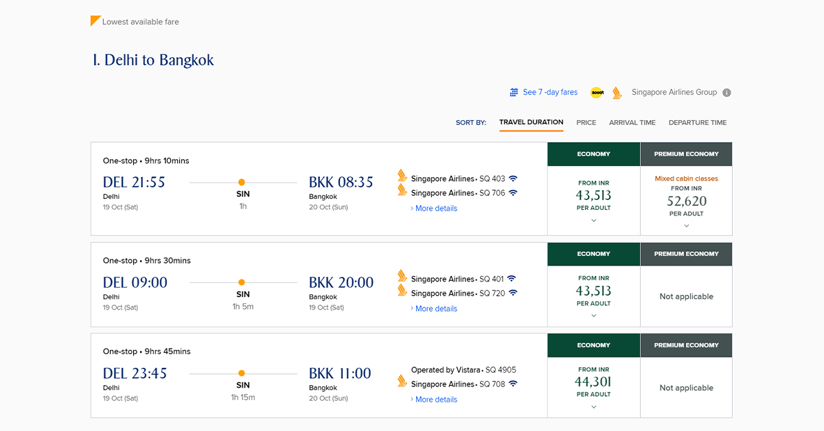 Singapore Airlines booking page