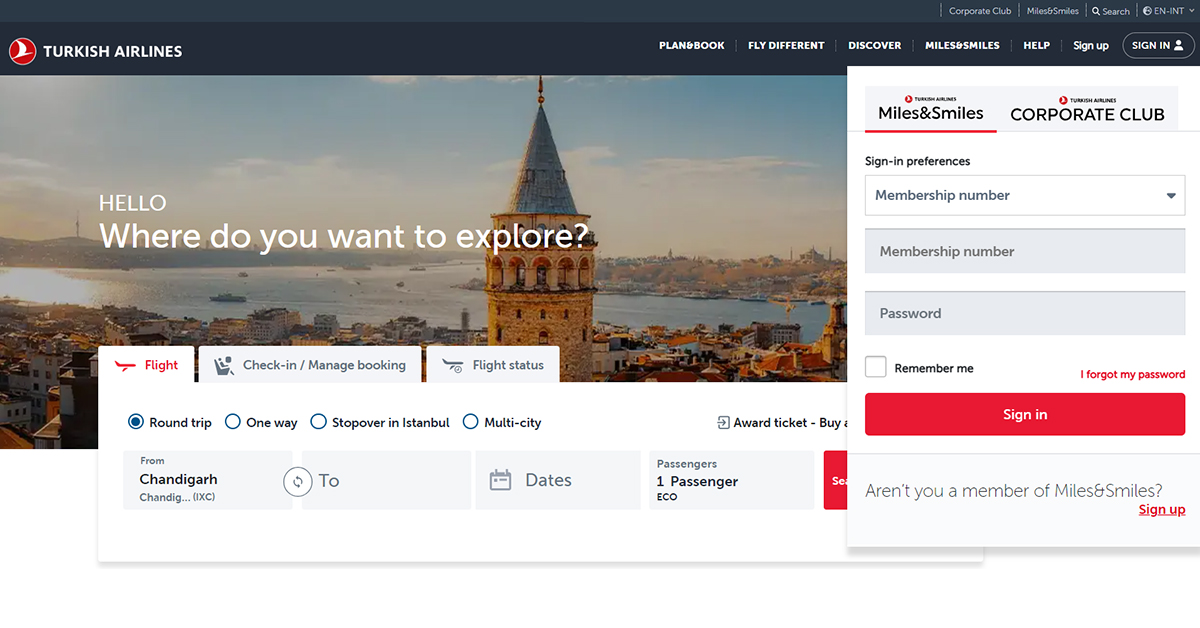 Turkish Airlines login page