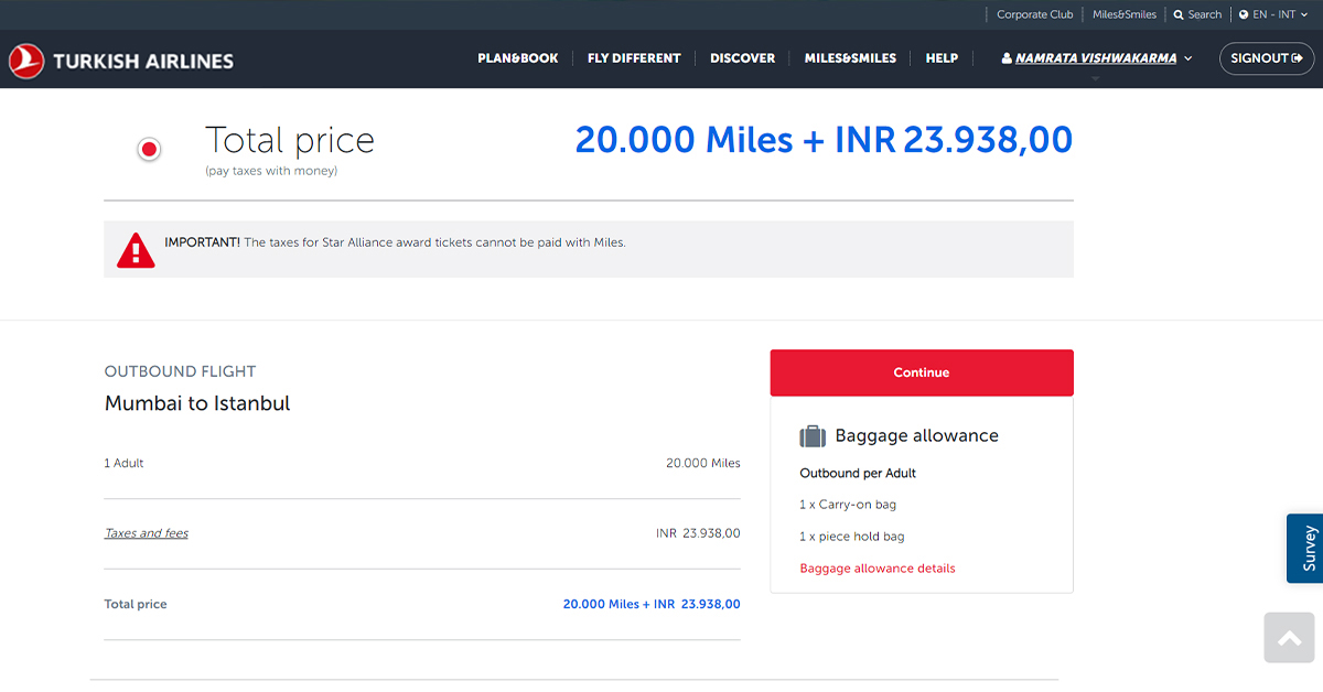 Check Turkish Airlines flight payment page