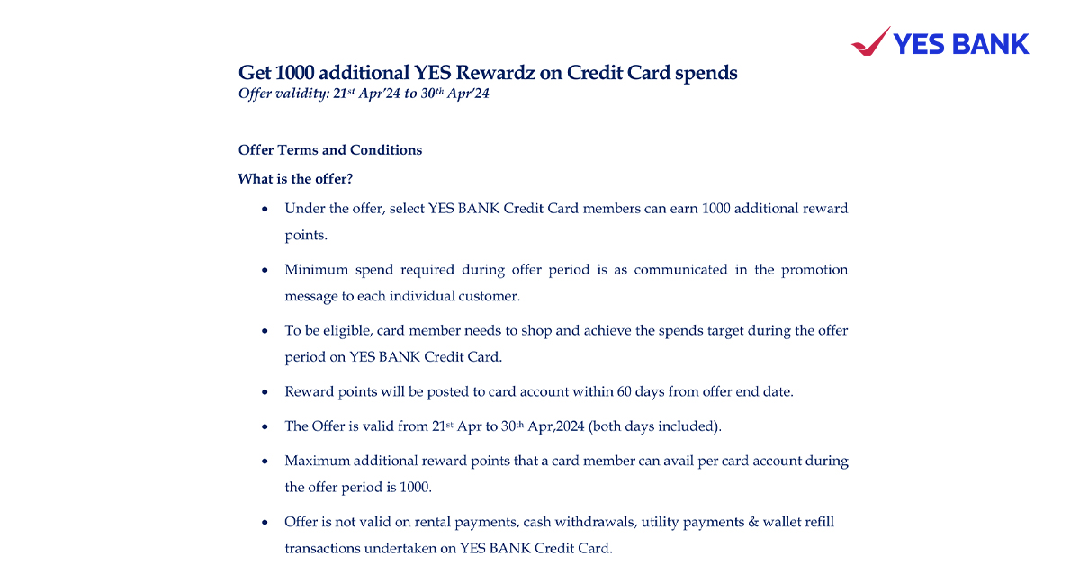 Yes Bank card with 1,000 Rewardz points offer