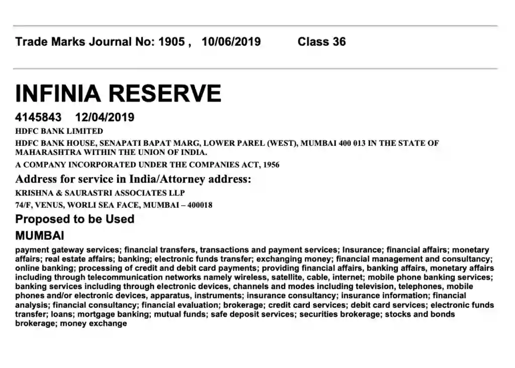 Infinia Reserve – The Next Ultra Premium Credit Card by HDFC Bank HDFC Infinia Reserve Trademark