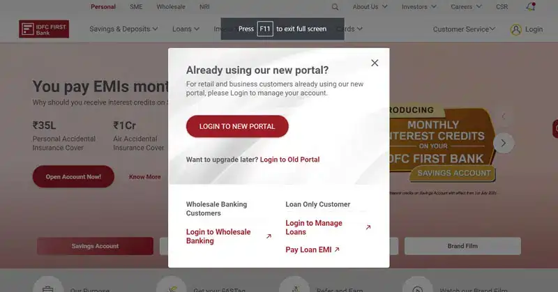 IDFC First Bank Credit Card Login / Net Banking IDFC Credit Card Netbanking Using Bank Homepage