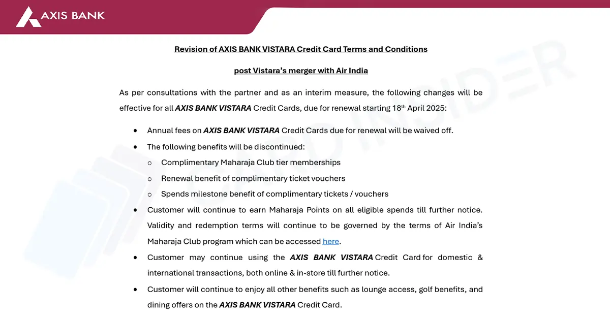 Revision of Axis Bank Vistara Credit Cards 2025 Axis Vistara Credit Cards Revision Terms and Conditions