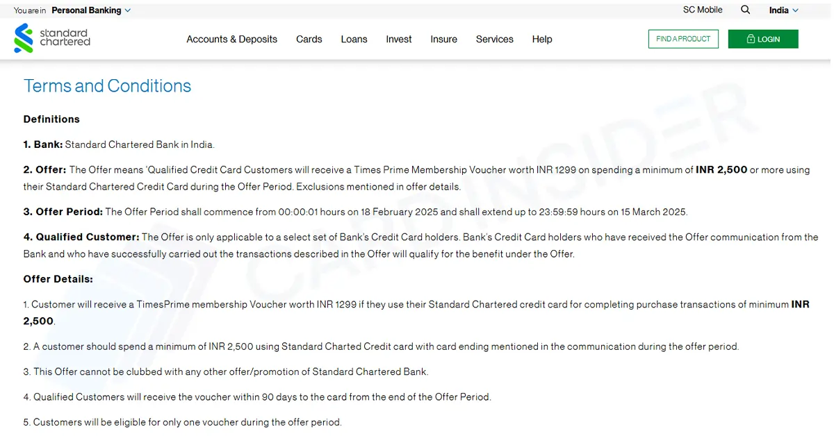 Times Prime Membership Worth ₹1,299 on ₹2,500 Spend With Standard Chartered Credit Cards Standard Chartered Spend based Offer Terms