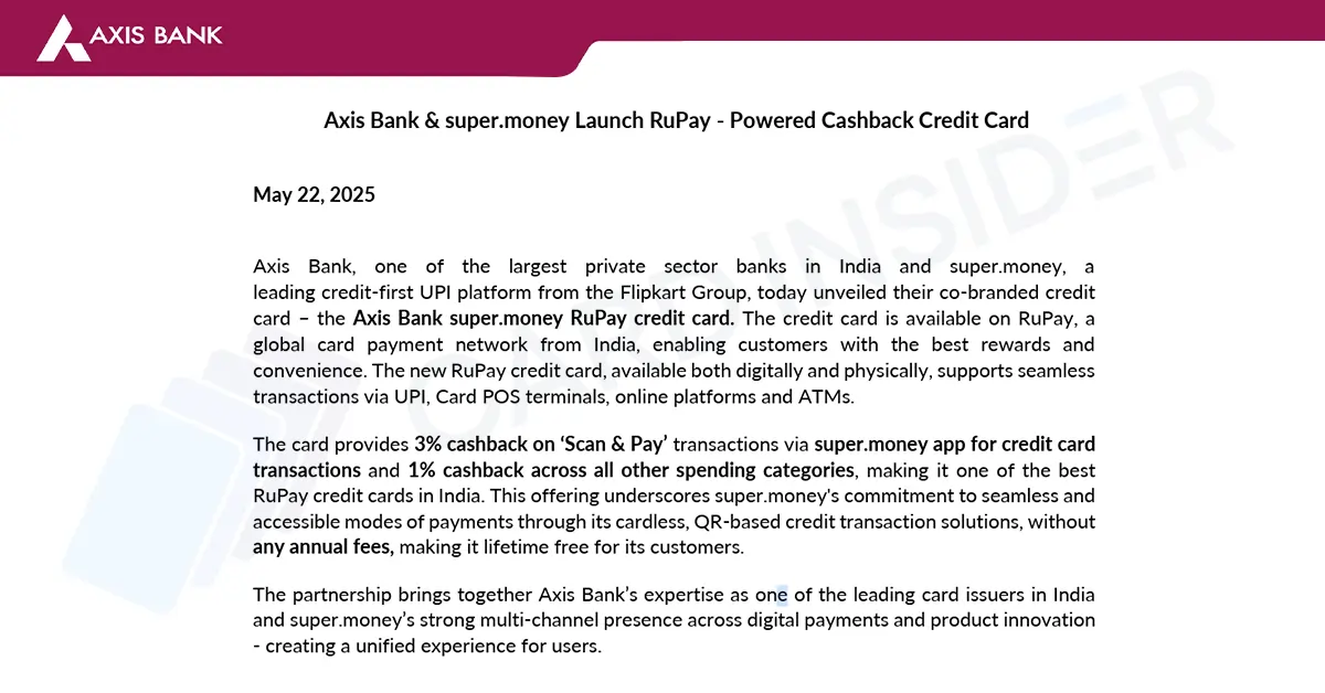 New Axis Bank SuperMoney RuPay Credit Card Axis Bank and super.money launched Powered Cashback Credit Card
