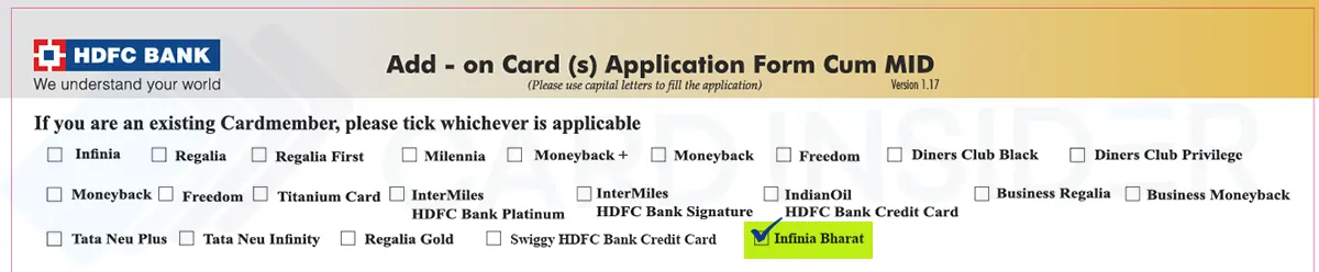 HDFC Set to Launch ‘Infinia Bharat’: RuPay Variant of Its Flagship Credit Card HDFC Infinia Bharat Add-on Card Application Form