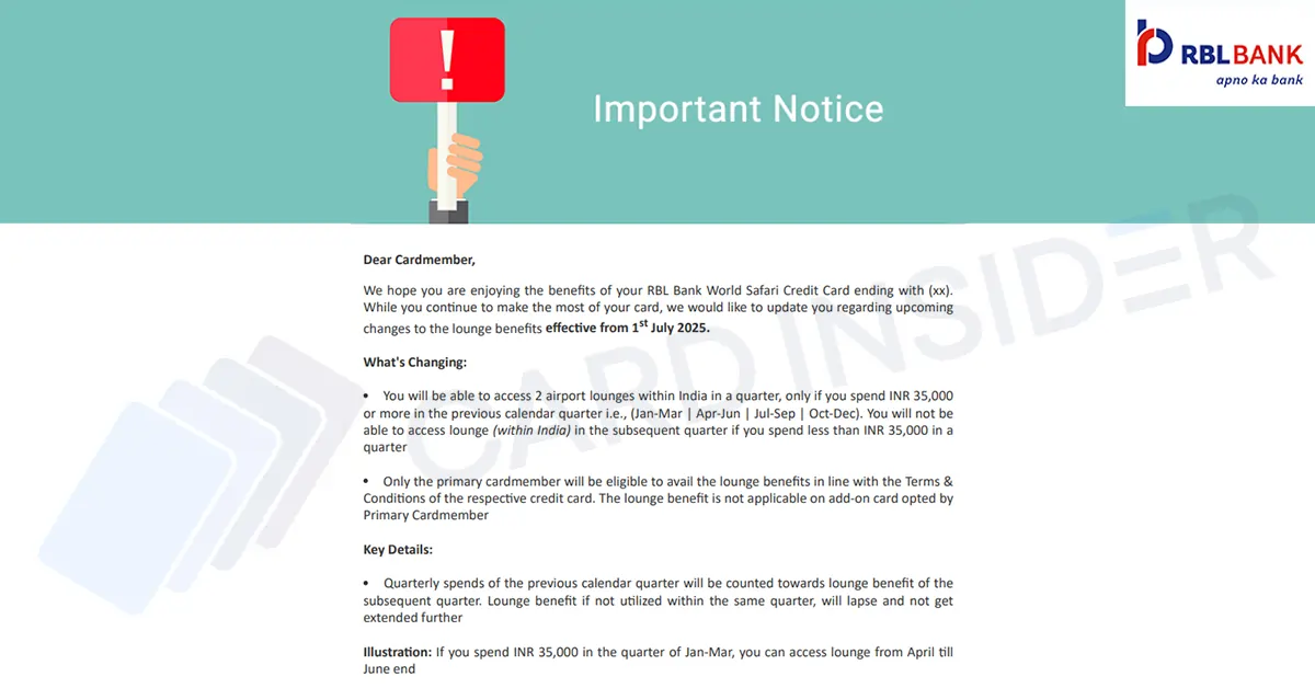 RBL Bank Credit Cards Devalue Free Airport Lounge Access – ₹35,000 Spend Needed Per Quarter RBL Airport Lounge Access Notice