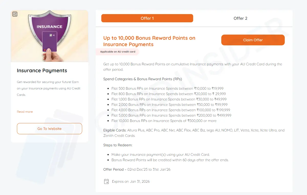 AU Credit Cards 10,000 Bonus Reward Points/Amazon Vouchers on Insurance Payments AU Insurance Payment Bonus Points Offer