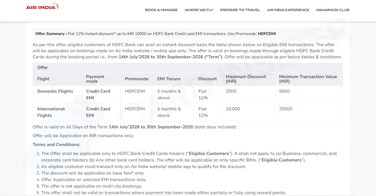 Up to ₹10,000 Off on Air India Flights with HDFC Credit Cards Air India Flights Discounts Offer
