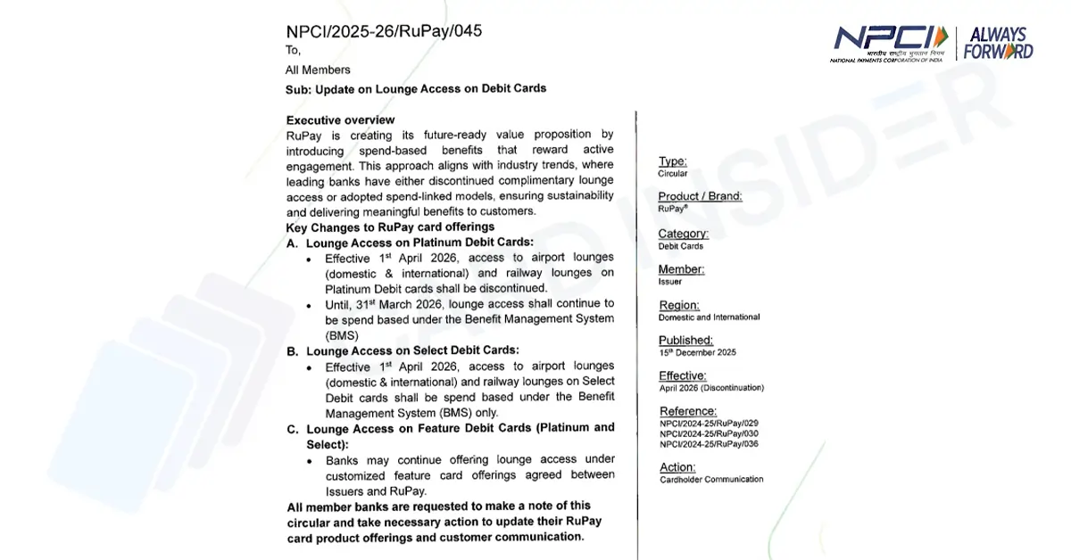 No More Free Lounge Access On RuPay Debit Cards As Spend Criteria Kicks In From April 2026 Lounge Access On RuPay Debit Cards Update