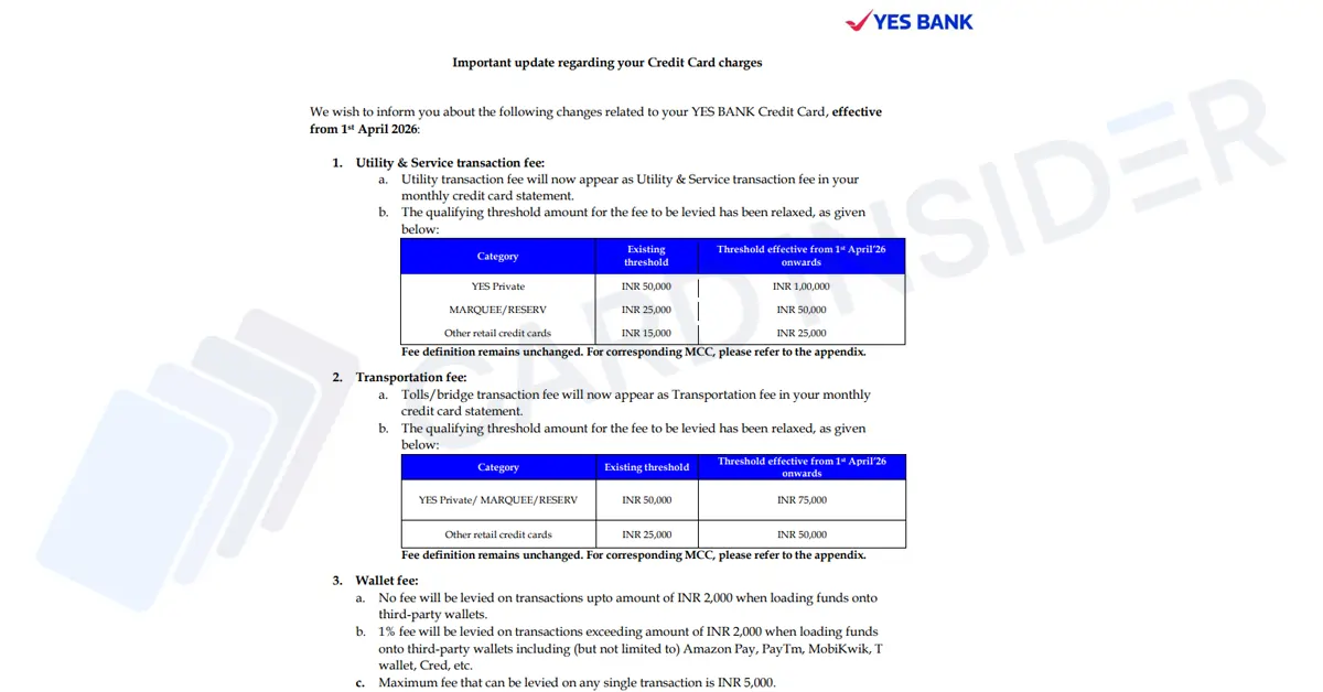 Utility, Toll & Wallet Rules Changed - YES Bank Credit Card Update YES Bank Credit Card New Fee Important Update