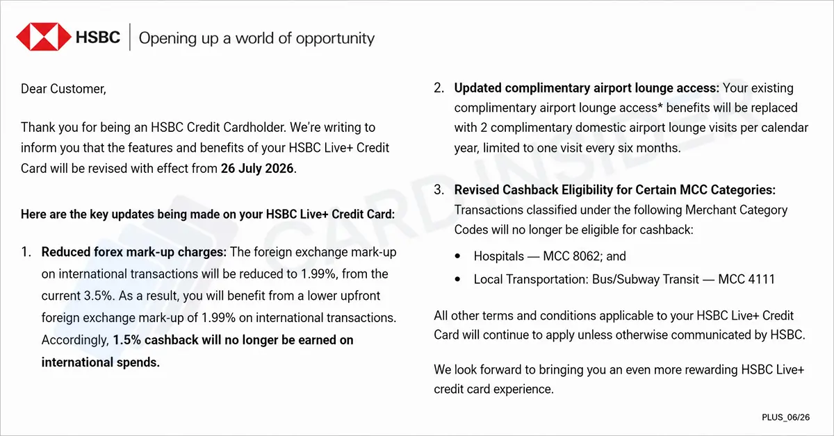 HSBC Live+ Credit Card Devalued - Lounge Access Cut, Cashback Revised & More From 26 July 2026 HSBC Live+ Credit Card Devaluation