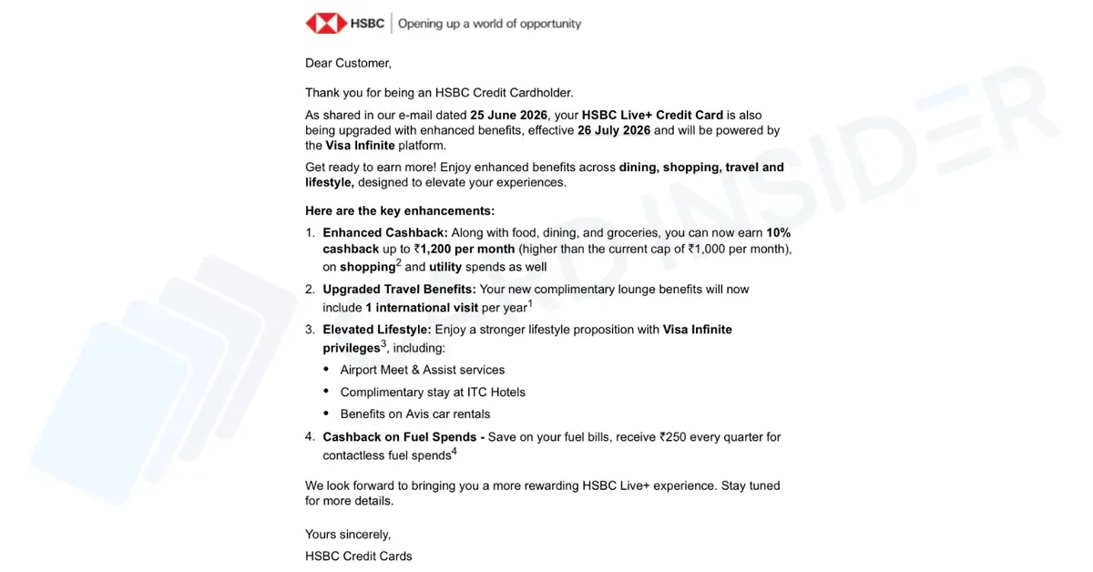 HSBC Live+ Credit Card Gets a Major Revaluation with Higher Cashback, International Lounge Access & Visa Infinite Benefits HSBC Live Plus Credit Card Revaluation
