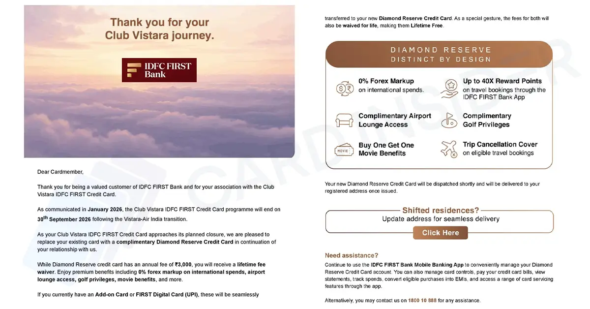 IDFC FIRST Club Vistara Credit Card to Be Discontinued; Existing Cardholders to Be Upgraded to Diamond Reserve IDFC FIRST Club Vistara Card Discontinued - More Details