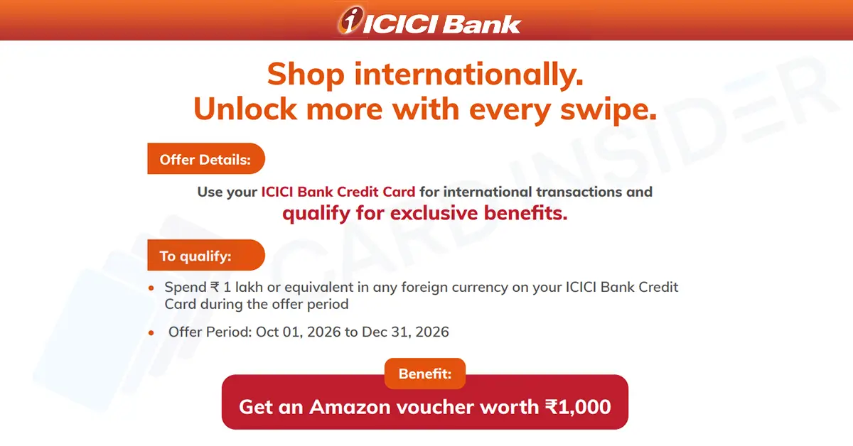Spend ₹1 Lakh Internationally & Get Amazon Vouchers With ICICI Bank Credit Cards ICICI Bank Offer Details